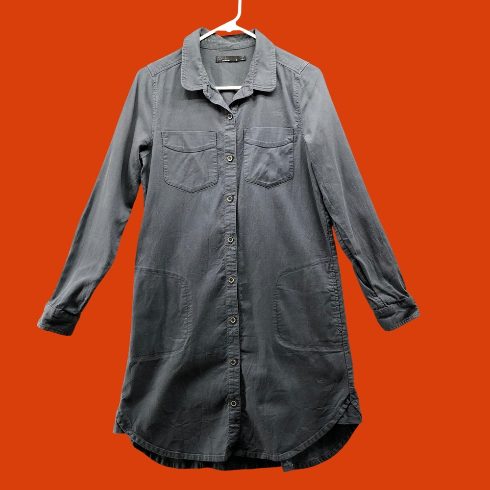 prAna Avis Charcoal Gray Organic Cotton Hemp Button Front Shirt Dress Size Small